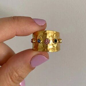 Cubic Zircon Crystal Wide Band Jewelry Stainless‎ Steel 18K Gold Plated R…